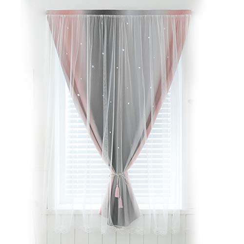 カーテン二重 姫系遮光カーテン小窓 透かし彫り星柄カーテン おしゃれ かわいい マジックテープ掛け 通気よい出窓用カーテンシェードカーテンリ 棚の目隠し、写真撮影の背景布1枚幅100cm丈100cm, ピンクグレー)